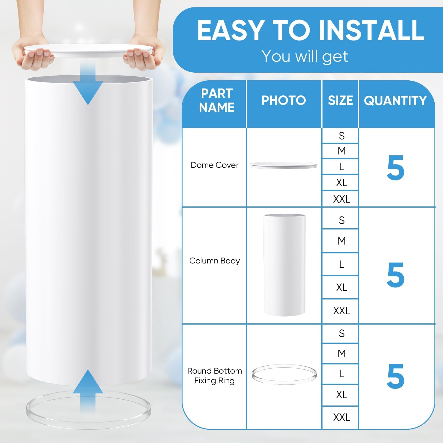 SaitiMade Set of 5 - White Round Cylinder Stands, High Strength PVC Pedestal Stands for Party, Wedding, Birthday, Baby shower Decoration - 19.6"(S), 21.6"(M), 23.6''(L), 29.5''(XL), 35.4''(XXL)