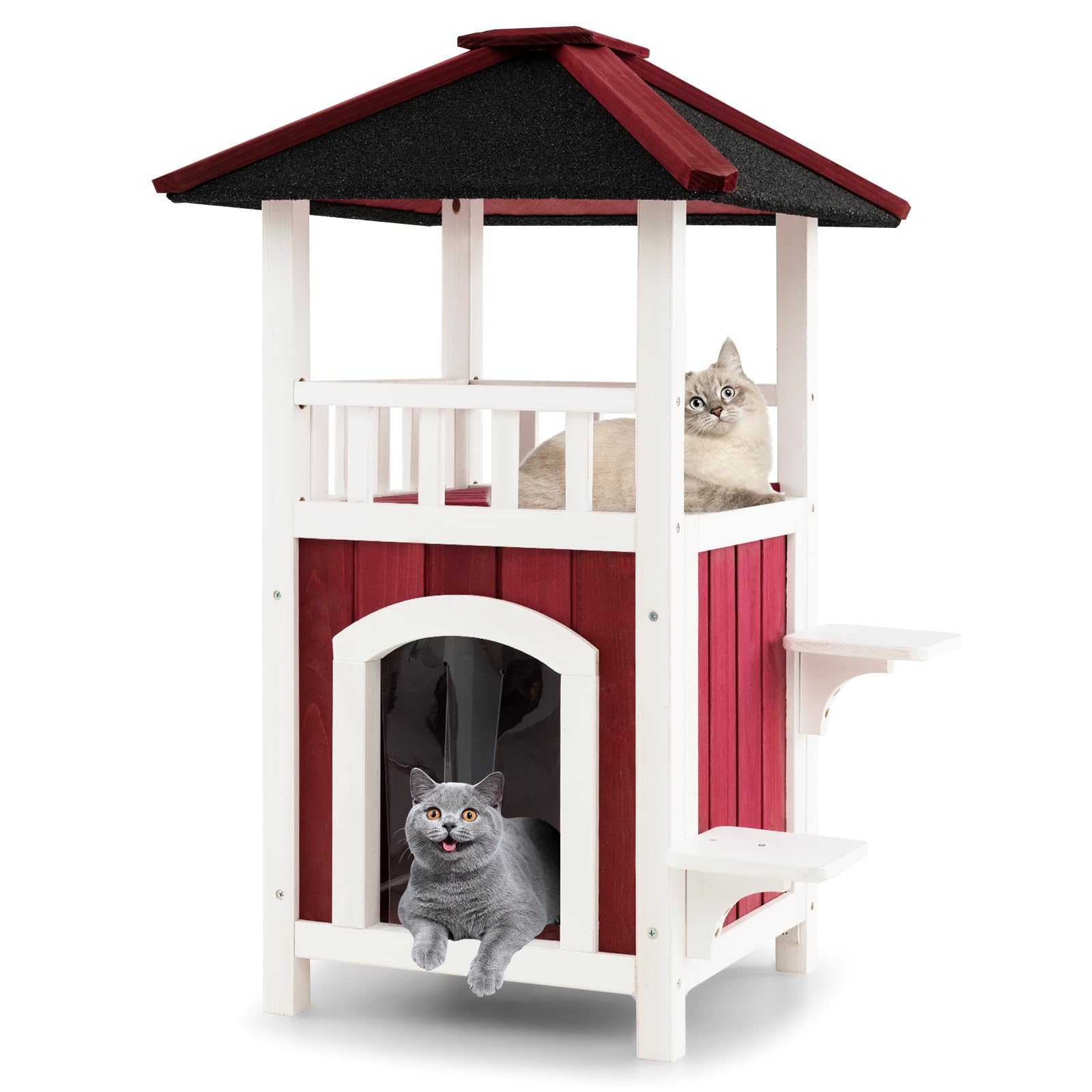 GOPLUS Niche pour Chat Exterieur en Bois à 2 Étages, Toit en Asphalte, Balcon, Rideau de Pluie, Plates-Formes de Saut, Niche Chat Sol Amovible, Résistant aux Intempéries, pour Chats Différents Taille