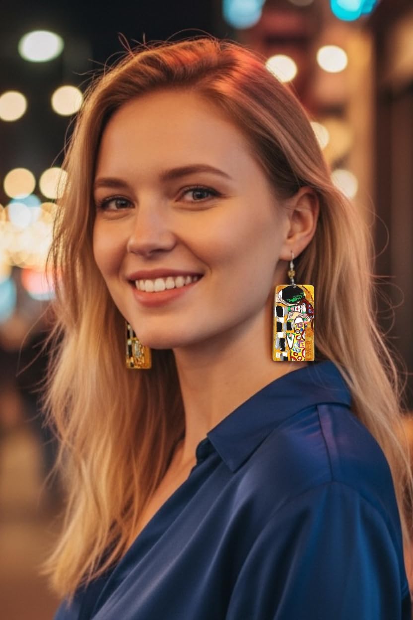 Boucles d'oreilles peintes à la main - LE BAISER DE GUSTAV KLIMT - Boucles d'oreilles pendantes pour femme, Bijoux en bois peints à la main, Crochet en argent, Fabriqué en Italie, Bijoux pour femmes