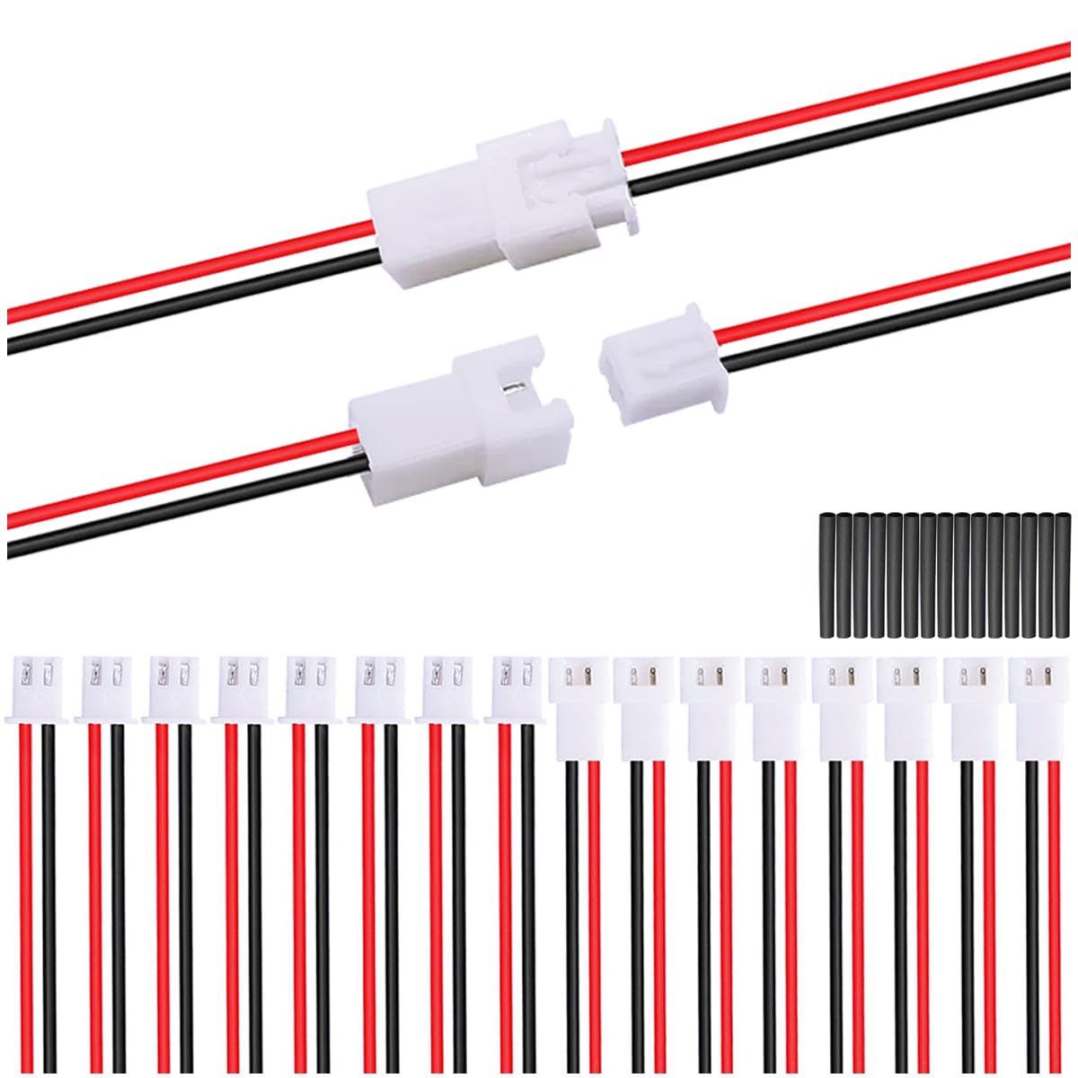 10 par kabli JST XH 2,54 mm, 2-pinowy, męski i żeński, UL1007 22 AWG 100 mm, czerwony i czarny, z rurką termokurczliwą do małego gniazda akumulatora drona, taśma świetlna