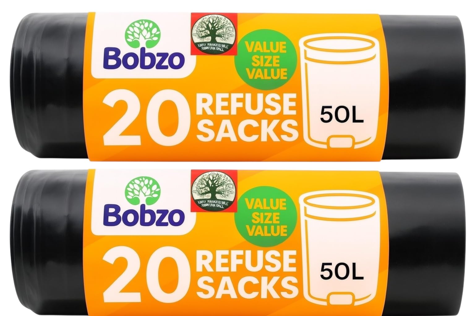 Bobzo Strong Black Bin Bags – 20 Refuse Sacks (50 Litre) – Tear-Resistant Rubbish Bags for Home, Kitchen, Office, Garage, Garden, Workshop – Pack of 2