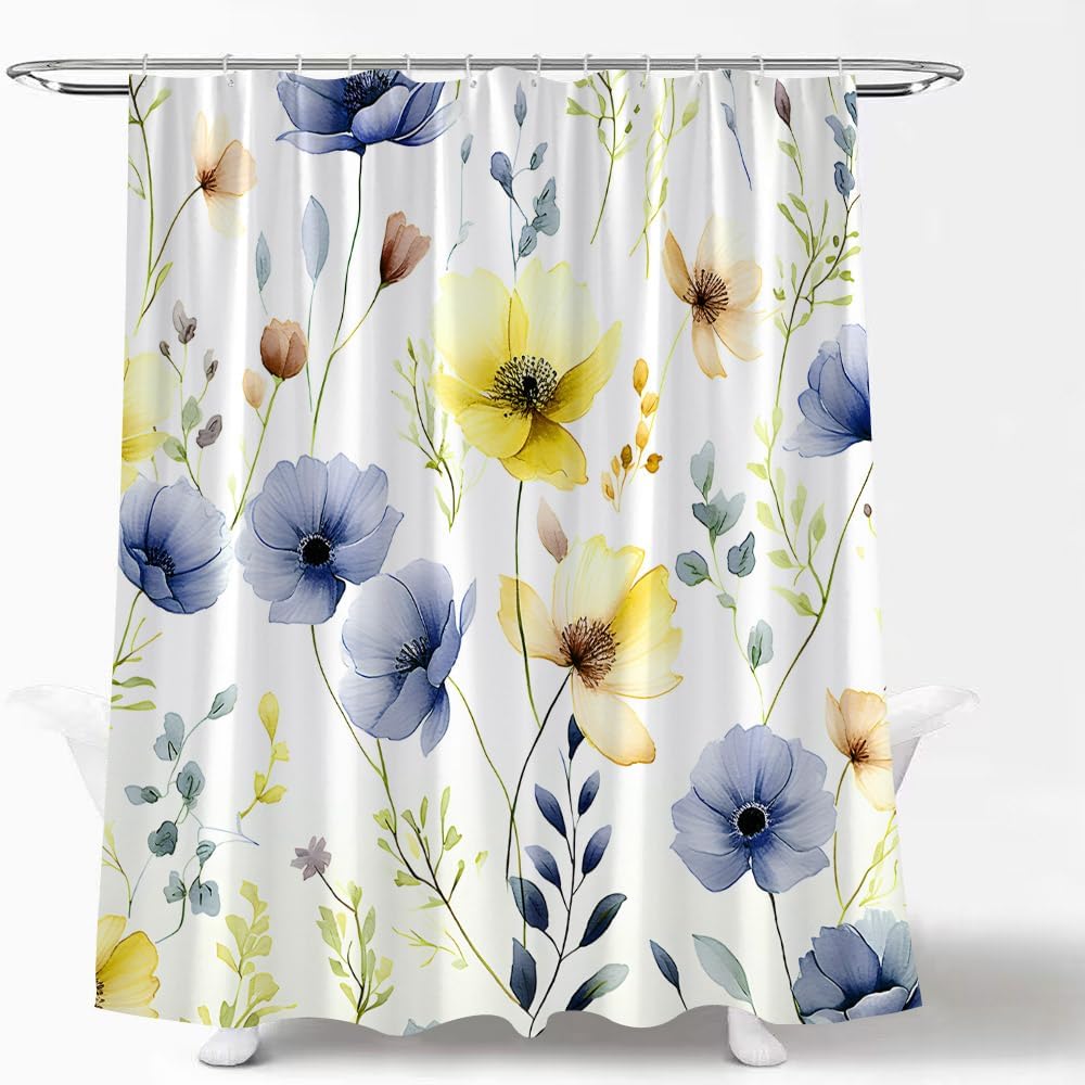 Yellow Blue Floral Shower Curtain Watercolor Colourful Boho Wildflower Blossom Plant Flower Modern Minimalist Fabric Bath Curtain Set with Hook