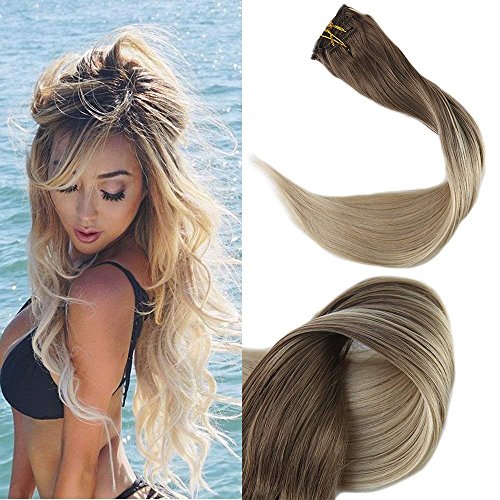 【Promotion】Full Shine 16" 100gram 10 Pcs Remy Balayage Clip in Hair Extensions Dark Brown Color #8 Fading to Color #60 Platinum Blonde Balayage Human Hair Extensions Clip in Real Hair