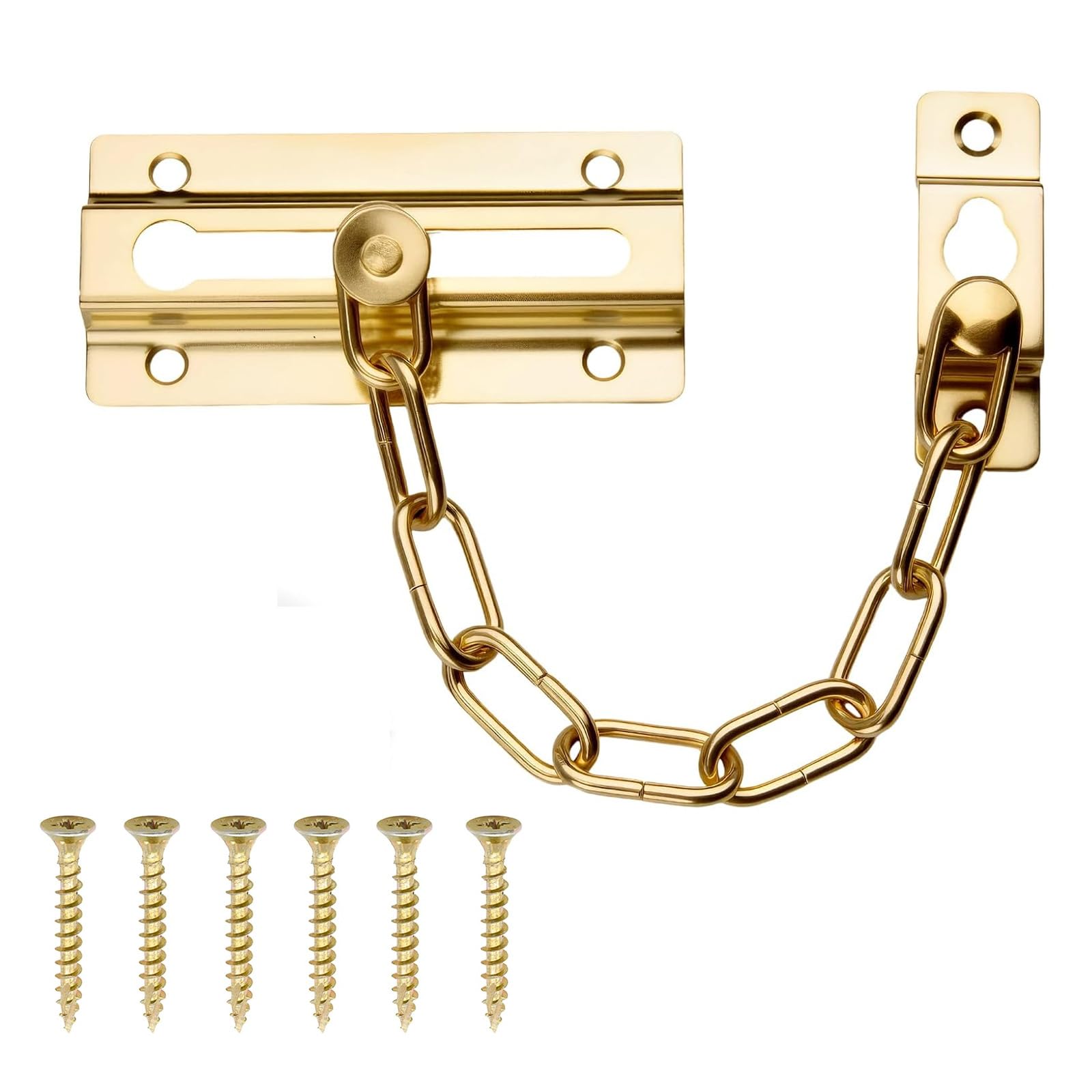 Door Chain Lock, Heavy Duty Polished Brass Safety Chain, Internal Door Restrictor Security Latch, Sliding Bolt for Front Door, Home, Hotel & Bedroom, Golden