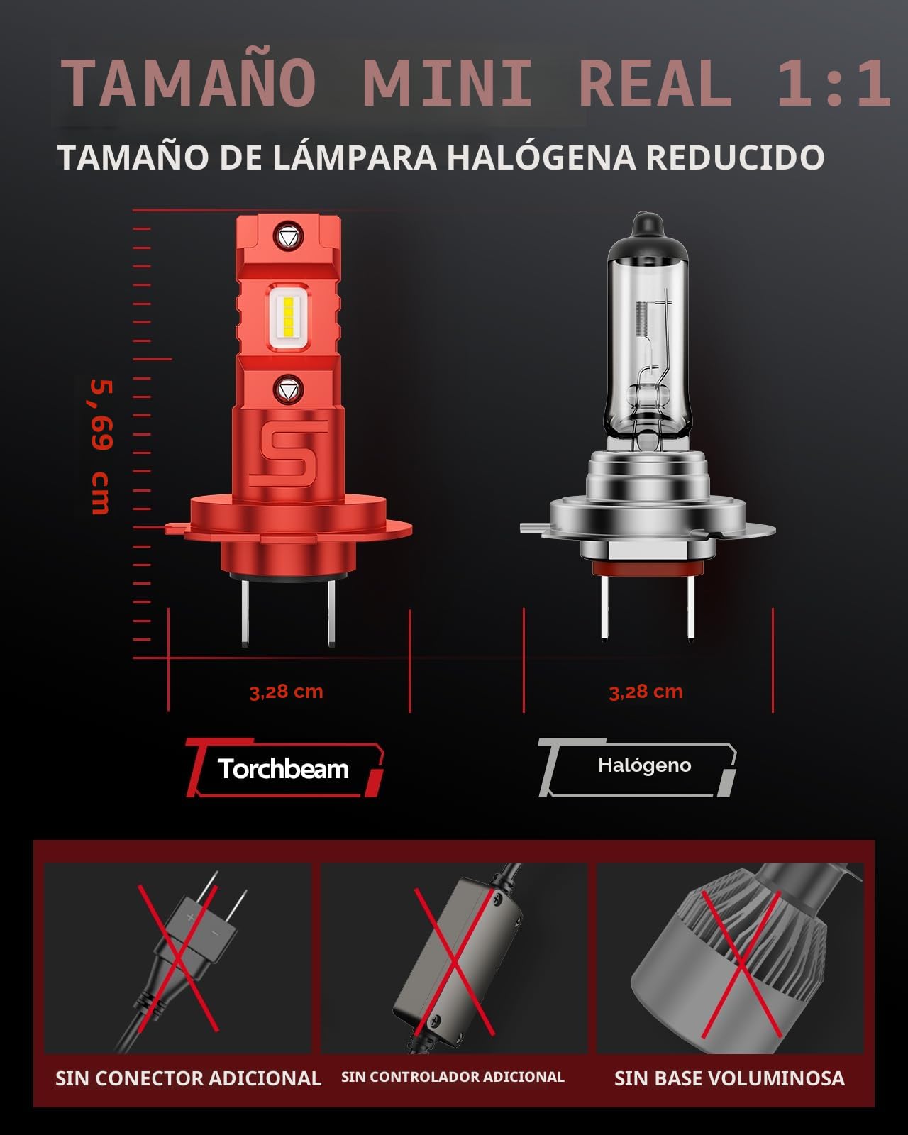 Torchbeam Bombilla LED H7, 16 Chips 6500K 600%, Bombillas H7 LED, 30000LM Faros para Automóviles y Moto Cicletas, Diseño Mini Halógeno 1:1, No Requiere Adaptador, Juego de 2
