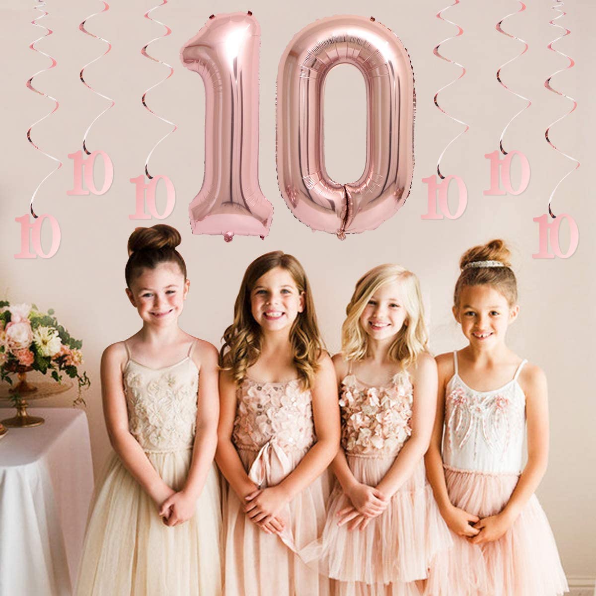 Decorazioni per il 10° compleanno per ragazze in oro rosa, a due cifre, per 10° compleanno, palloncini a forma di stella, coriandoli per ragazze di compleanno di 10 anni
