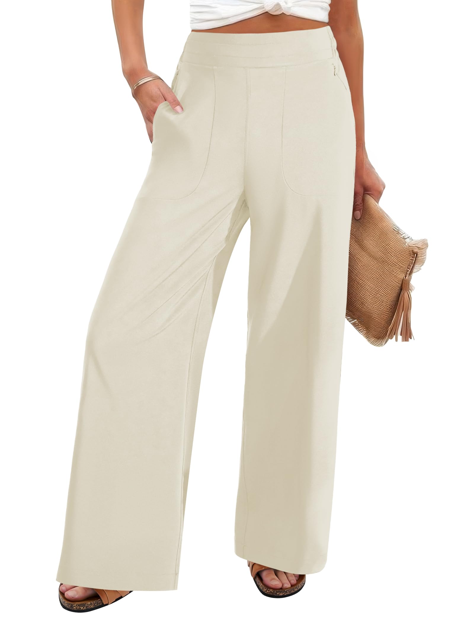 FireSwan Womens Wide Leg Work Pants High Elastic Waist Dress Palazzo Pants Trousers with Zipper Pockets Khaki L
