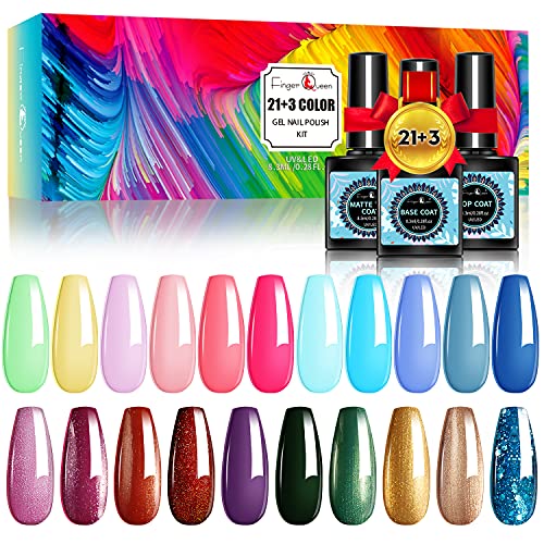 FINGER QUEEN 24 Pcs Gel Nail Polish Kit, 21 Colors 8.3 ML Soak Off Nail Polish Set with No Wipe Glossy & Matte Top Coat