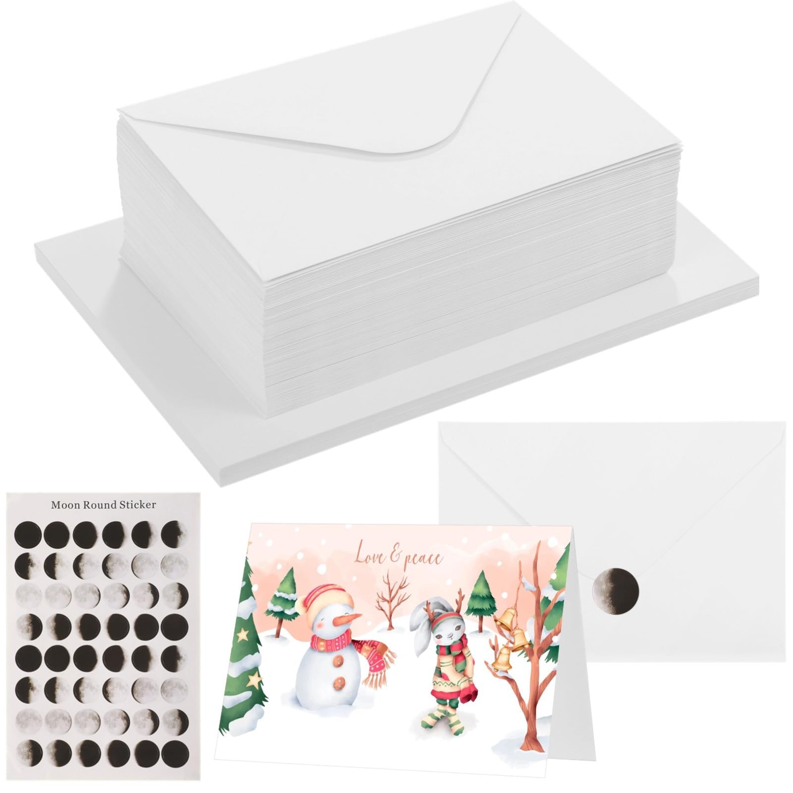 50 Blanko-Grußkarten mit Umschlägen, 350 g/m², weißes, faltbares Papier, Bastelset mit farbigen Aufklebern für Geburtstage, Feiertage