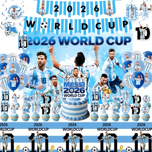 World Cup 2026 Messi Birthday Party Decorations 71x43Tablecloth 60x40Backdrop 14 Banners 18 Balloons 1 Big Cake Topper 24 Cupcake Toppers Fans Complete Party Gift Set
