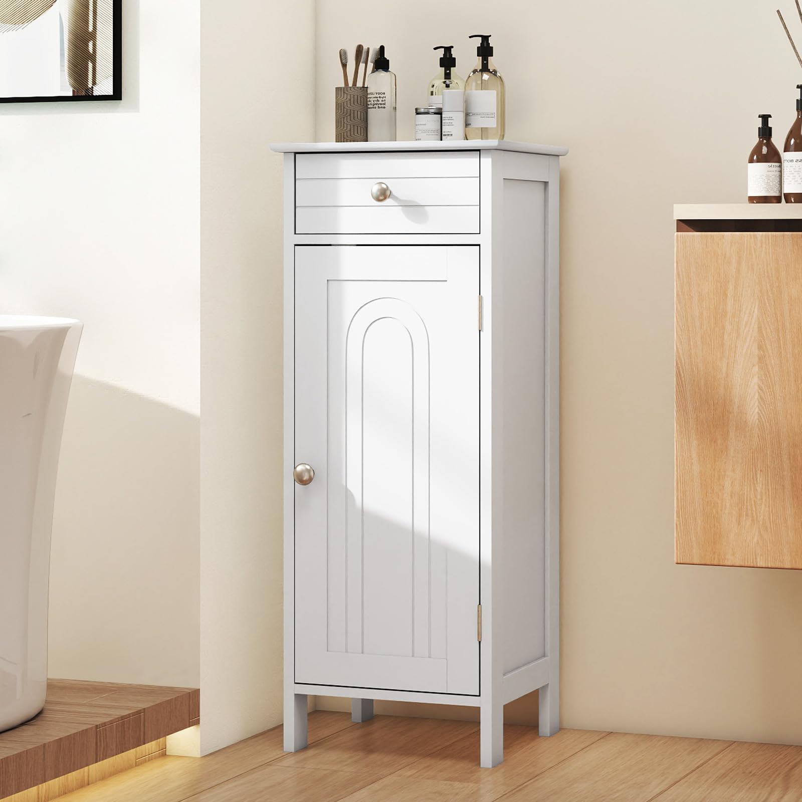 LDAILY Bathroom Floor Cabinet, Single Door Floor Storage Cabinet w/Large Drawer & 2 Adjustable Shelves, Wooden Side Storage Organizer Unit for Home