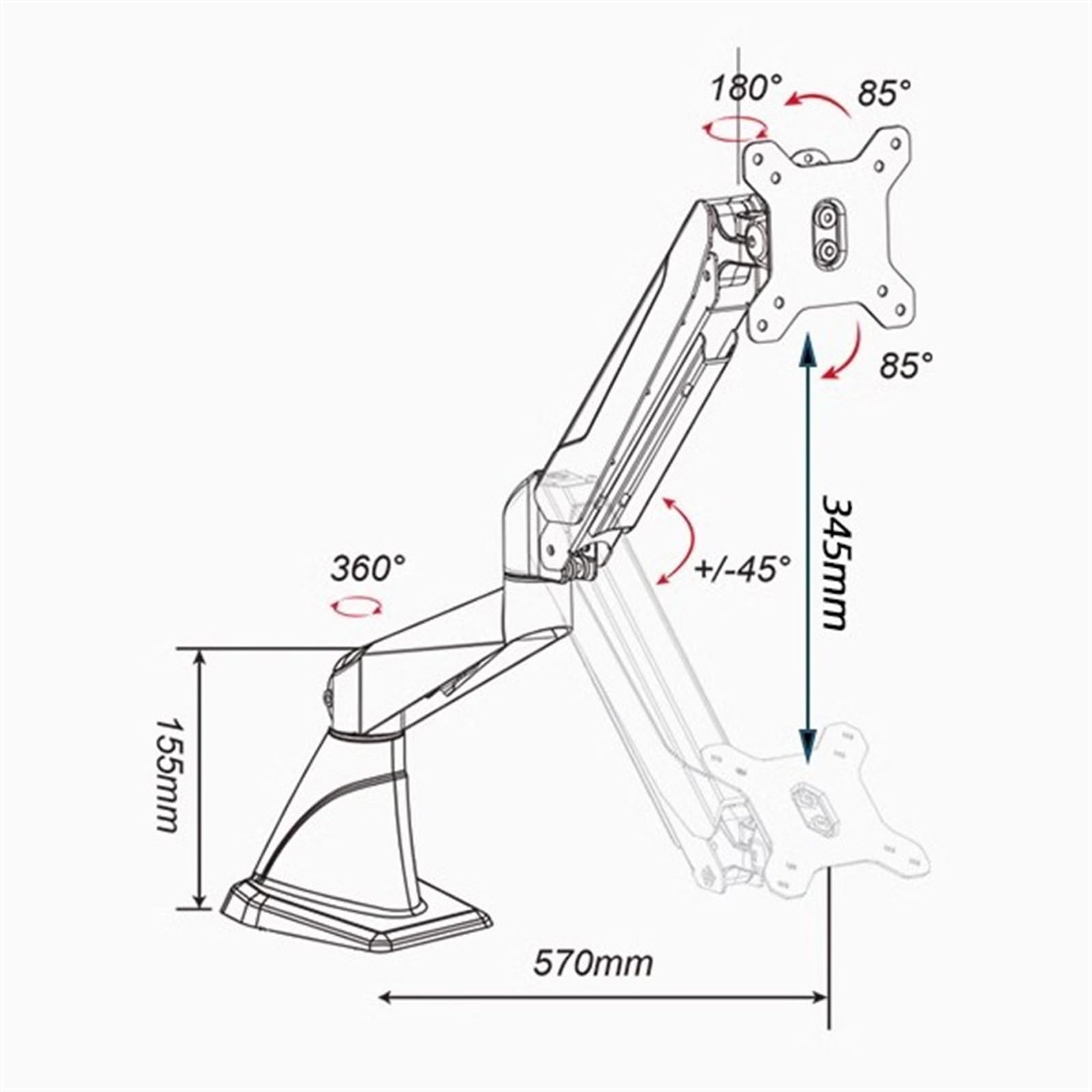 Uchwyt Biurkowy Na Jeden Monitor Do Większości Ekranów O Przekątnej 15"–27", Aluminiowe Ramię Z Podstawą Z Przelotką, Regulowane Sprężyny Gazowe, Vesa 75/100 Mm,White