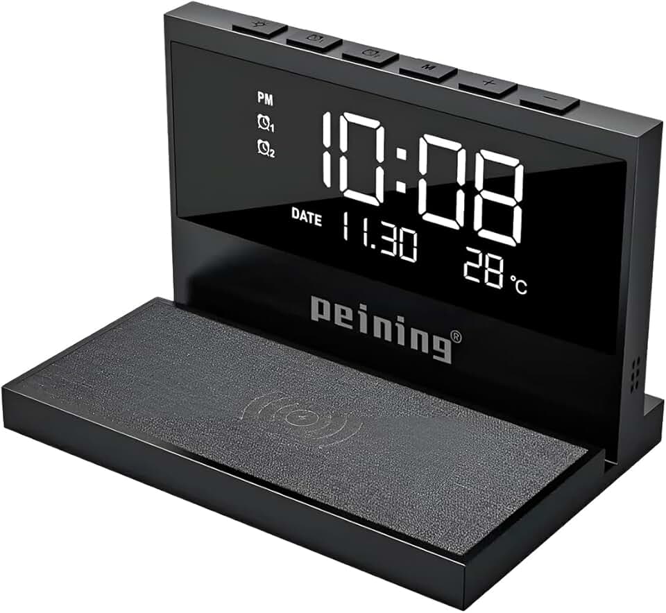 Peining Relógio Digital com Carregador por Indução, Preto, ABS, 11x16,5x11,9cm, Display LED Ajustável, Termômetro e Duplo Alarme