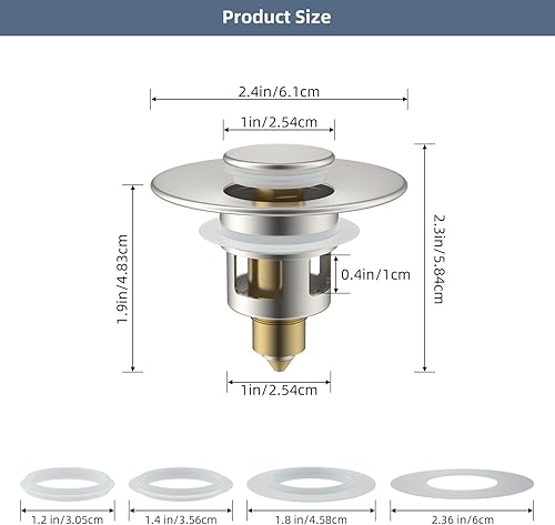 Miniatura 4 de Hibbent Paquete de 2 tapones universales de metal para lavabo de 1.1 a 2.3 pulgadas, colador de drenaje de fregadero emergente, tapón tipo empuje de