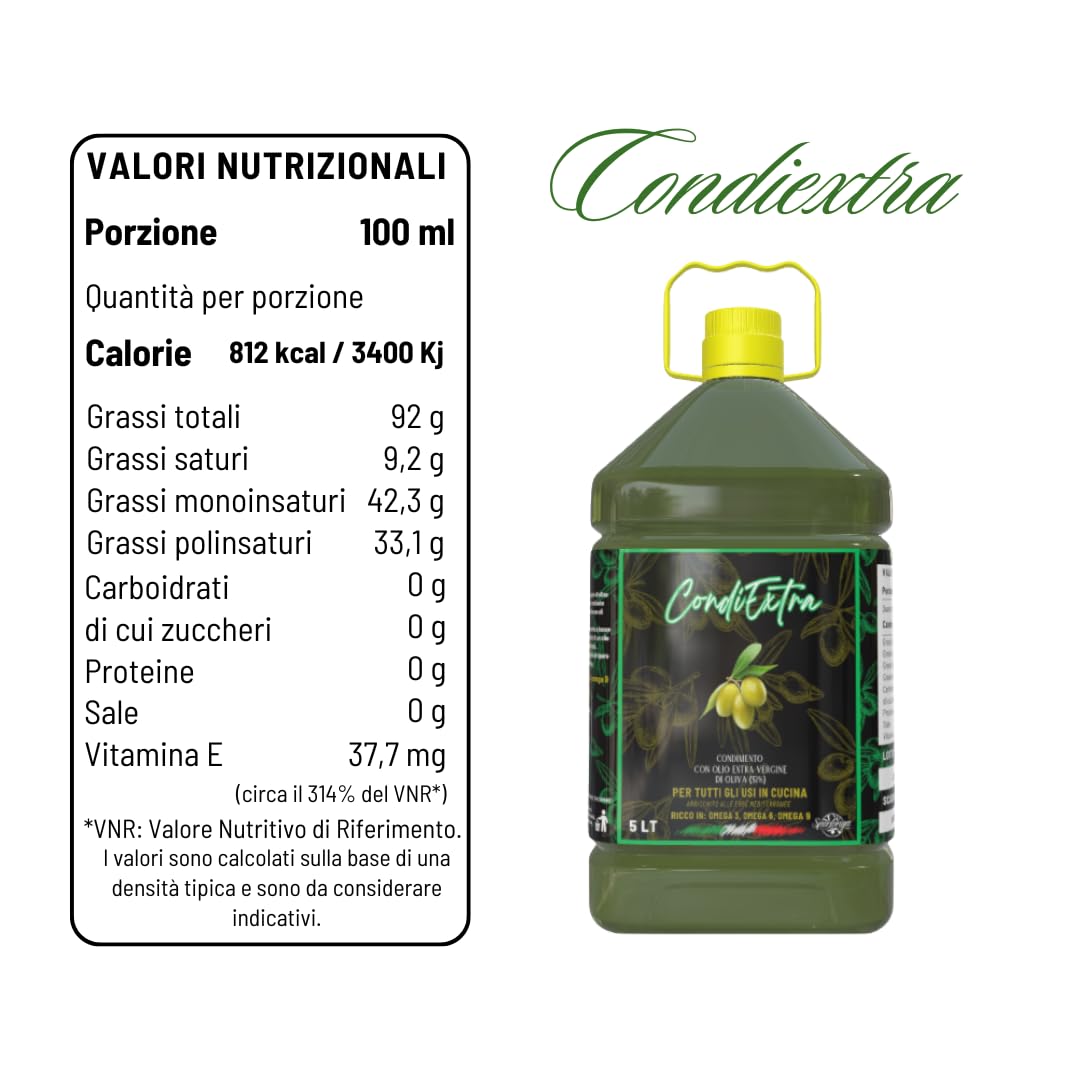 CondiExtra – Condimento all' Olio Extra Vergine di Oliva – 5 LT - Sperlonga - Gusto Delicato, Leggero – Ideale per Cucina, Frittura, Insalate, Ristorazione, Pizza