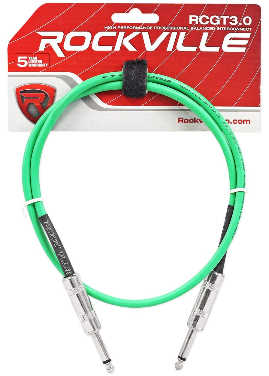 Rockville RCGT3G 3' 1/4'' TS to 1/4'' TS Instrument Cable-Green 100% Copper
