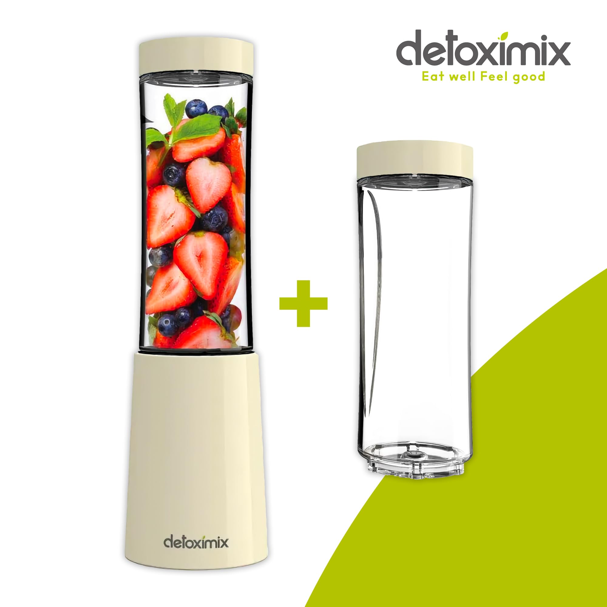 DETOXIMIX - Mini Blender Compact 150W 280ml - Smoothie Milk-shake Jus Fruits ou Légumes - 2 Bouteilles Gourdes avec Couvercle de Voyage + Livret de Recettes Inclus - Plastique sans BPA 4 Lames - Blanc