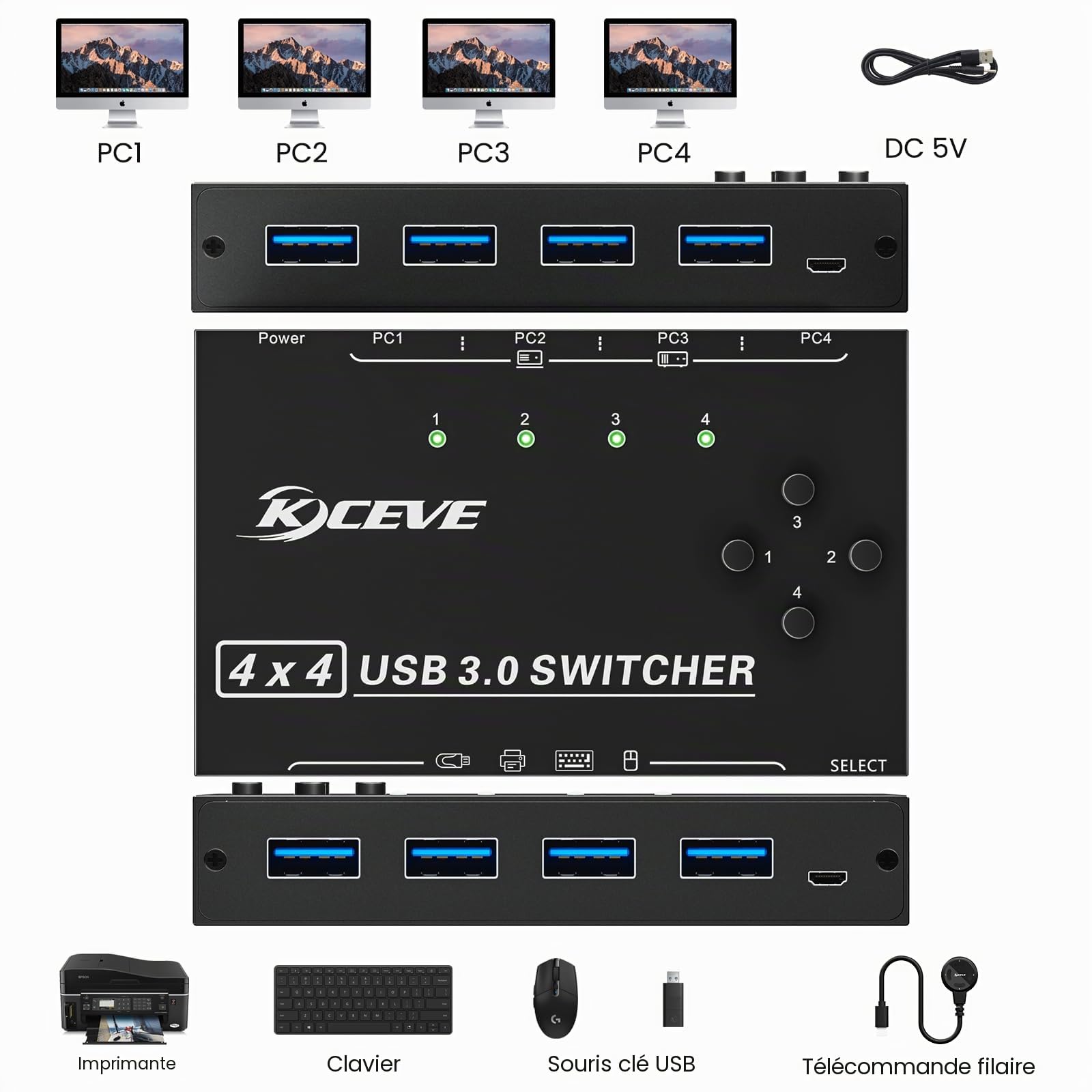 Commutateur USB 3.0 4 PC, YOUTINGHDAV 4 en 4 sorties USB Switch 3.0, boîte de commutation USB pour clavier, souris, imprimante, scanner, PC, avec télécommande filaire et 4 câbles USB 3.0