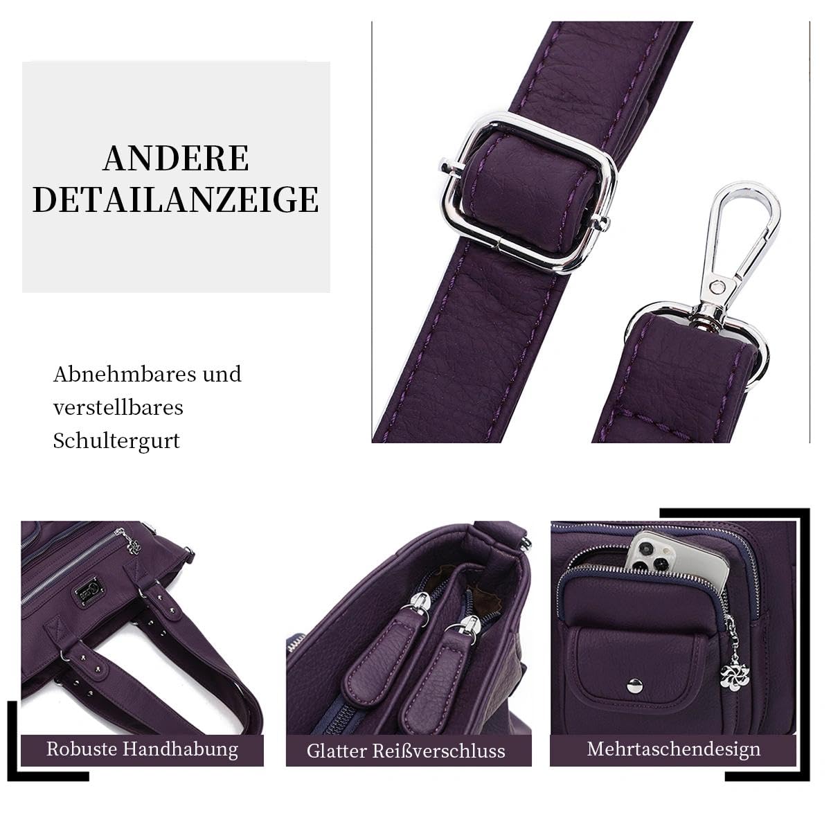 KL928 Borsa a Tracolla per Donna, Hobo Borse Morbide in pelle PU Multi-Tasca, Borse a Mano Regolabile Rimovibile, Borse a Spalla adatto per Ragazze