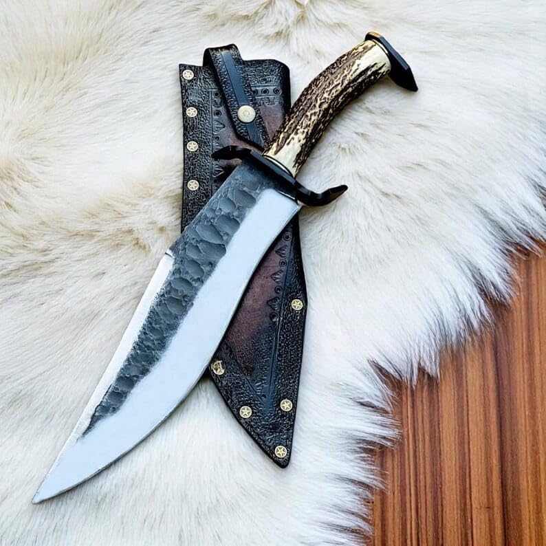 Handmade Bowie Hunting Knife J2 Steel Fixed Blade with Stag Antler Handle Vintage Style