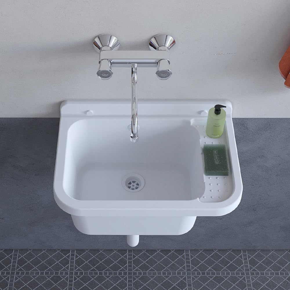 Set Pilozzo Sospeso 50x34 Cm Bianco - Vasca Lavatoio In Resina Resistente Agli Acidi Con Porta Sapone - INCLUDE Miscelatore Canna Alta Cromo In Acciaio INOX E Kit Scarico