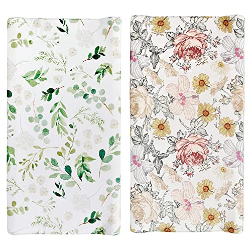 Image of Stretchy Changing Pad Cover – Ultra Soft Diaper Changing Pad Table Sheets for Girls Boys Pure Cotton Safe and Snug Cradle Sheets Machine Washable Fit 32"/34'' x 16"Pad (Green Leaf + Flower)…