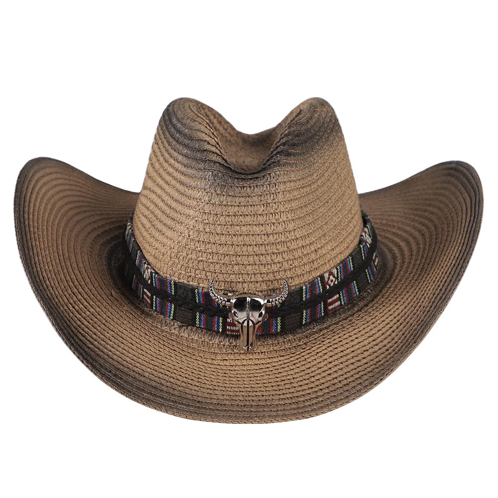 Western Cowboyhut mit Stierkopf Dekor Westernhut Breit Krempe Cowboyhut mit Verstellbar Kordelzug Strohhut UV Schutz Panamahut Unisex Retro Sonnenhut Faltbar Outdoorhut für Wandern Camping Reisen