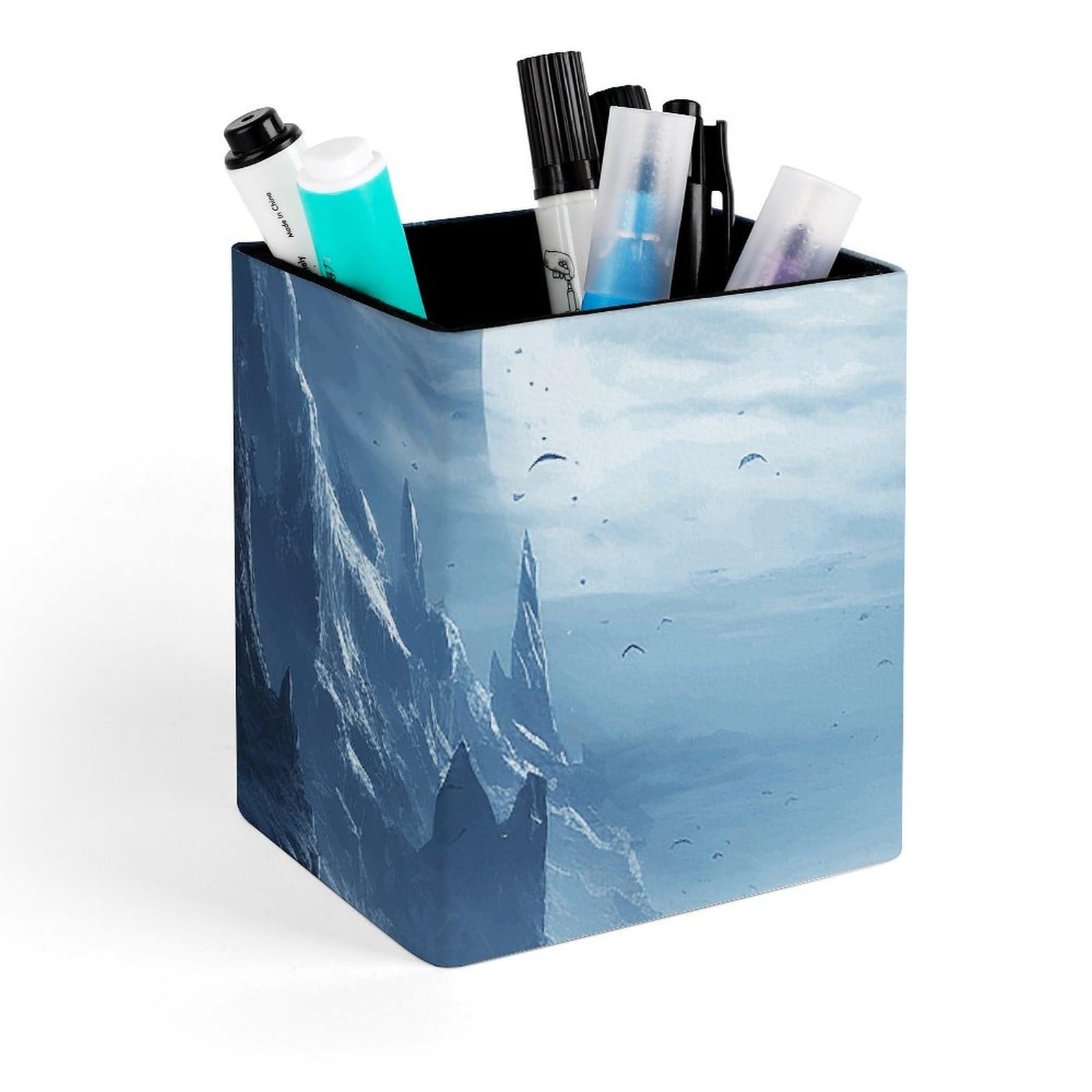 FekiLoot Beautiful Scenery Images Pencil Holder Square Leather Pen Holder Cup Modern Multi-Functional Pencil Cup Holder Decorative Desk Organizer Caddy Makeup Brush Holders for Desk Office
