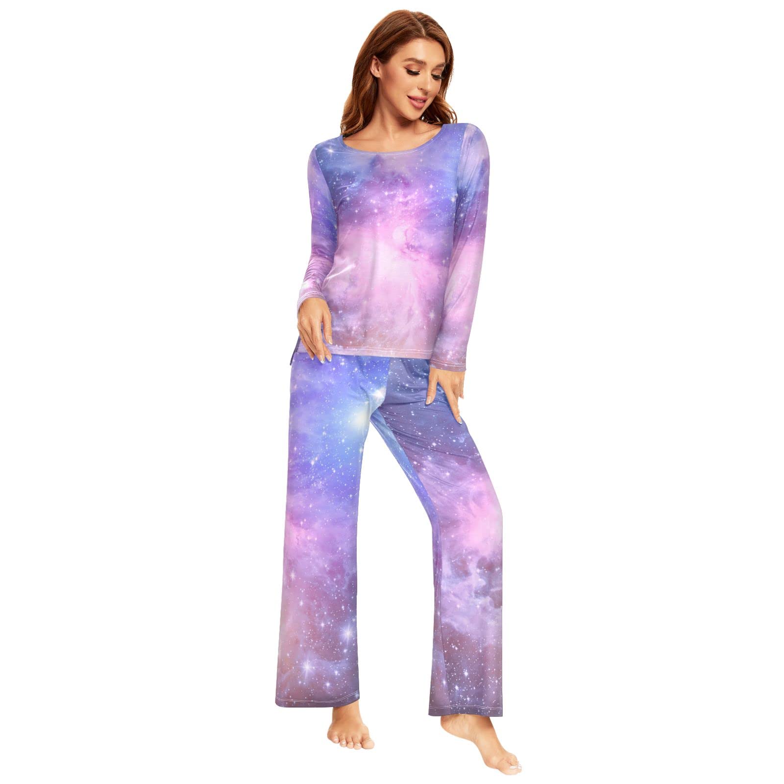 Schlafanzug-Set für Damen, Galaxy Space Langarm Nachtwäsche Loungewear Set Pjs Nachtwäsche Set, mehrfarbig, 48