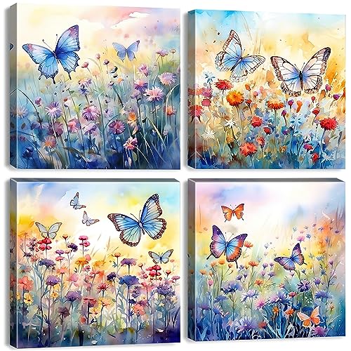 Butterfly Wall Art Flower Pictures Wall Decor Colorful Spring Floral Wall Art Canvas...