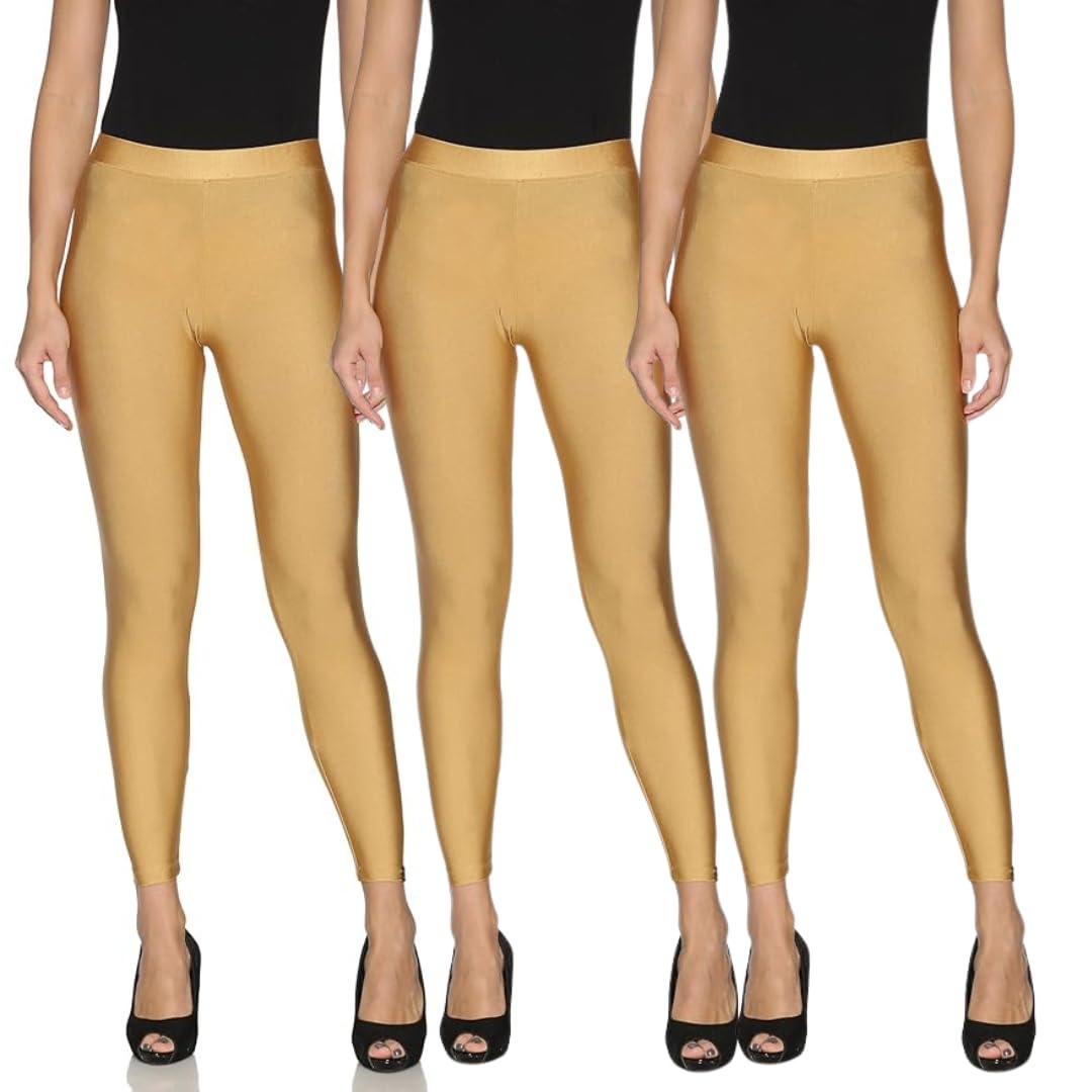 Women's Regular Slim Fit Stretchable Nylon Elasthane Fabric Shimmer Leggings for Girls,Ladies,Women | Mid-Waist | Fashionwear Golden Pack Off 3-image-43