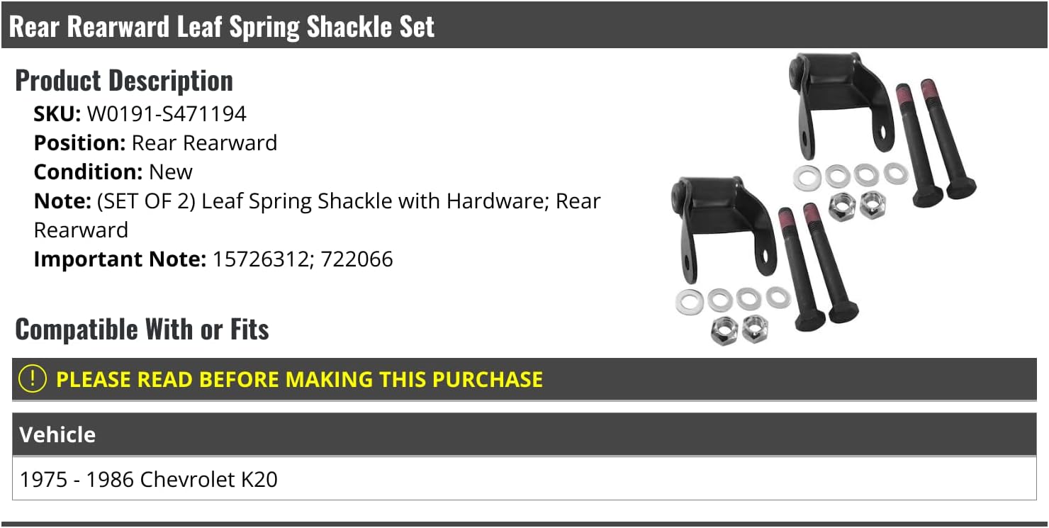 Rear Rearward Leaf Spring Shackle Set of 2 - Compatible with 1975-1986 Chevy K20