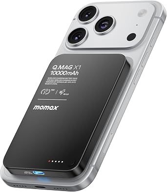 MOMAX 10000mAh Magnetic Wireless Power Bank, Ultra-Slim 0.5" MagSafe-Compatible Portable Charger, PD 20W USB-C Fast Charging Battery Pack, for iPhone 17/16/15/14 Series, Samsung Galaxy & Google Pixel