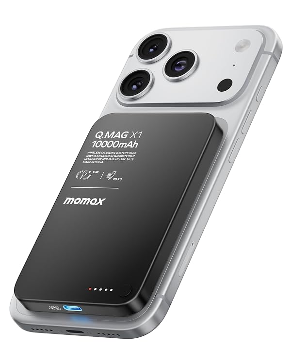 MOMAX Q.MAG Portable Charger Wireless 10000mAh, 0.5" Slim Power Bank Fast Charging Magnetic Battery Pack for iPhone Air/17 Pro Max/17 Pro/16/15/14/13/12 (1*USBC Port PD20W, No Lighting) by MOMAX - Used condition - US$39.99