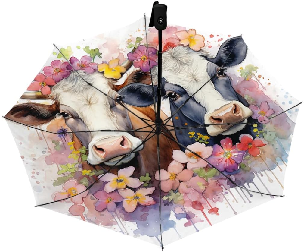 Watercolor Cows Flower Print Folding Umbrella Windproof Compact Lightweight Travel Umbrella with 8 Reinforced Ribs, Portable UV Sun & Rain Protection for Men & Women
