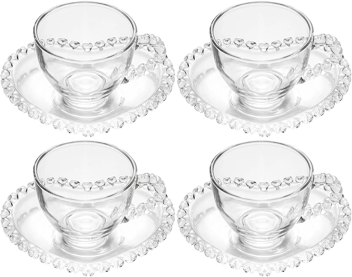 Sizikato Set of 4 Clear Glass Cup and Saucer Set, 3 Oz Espresso Cup with Heart-Shaped Saucer