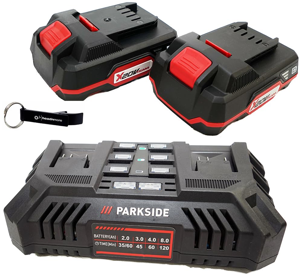 HEADNMORE® Bundle – Parkside® 20 V akumulator podwójna ładowarka PDSLG 20 + 2 x akumulator 2 Ah + breloczek do kluczy HEADNMORE®