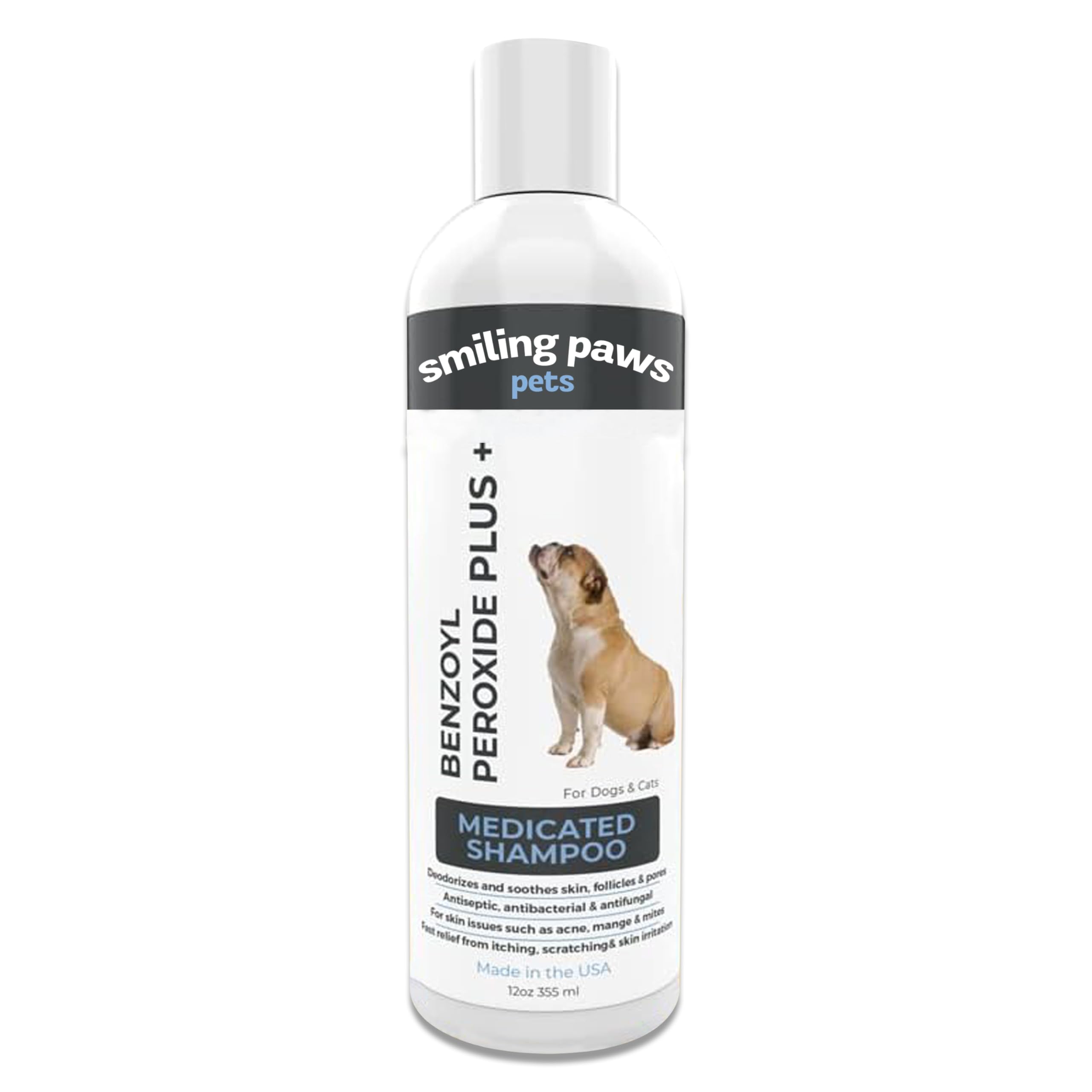 Smiling Paws Pets - Itch Relief Shampoo for Pets - Contains Benzoyl Peroxide - Kills Fleas - Relieves Allergies, Itching, Dermatitis, Mange, Dandruff, Acne, Demodex, Seborrhea, Pyoderma - 12oz