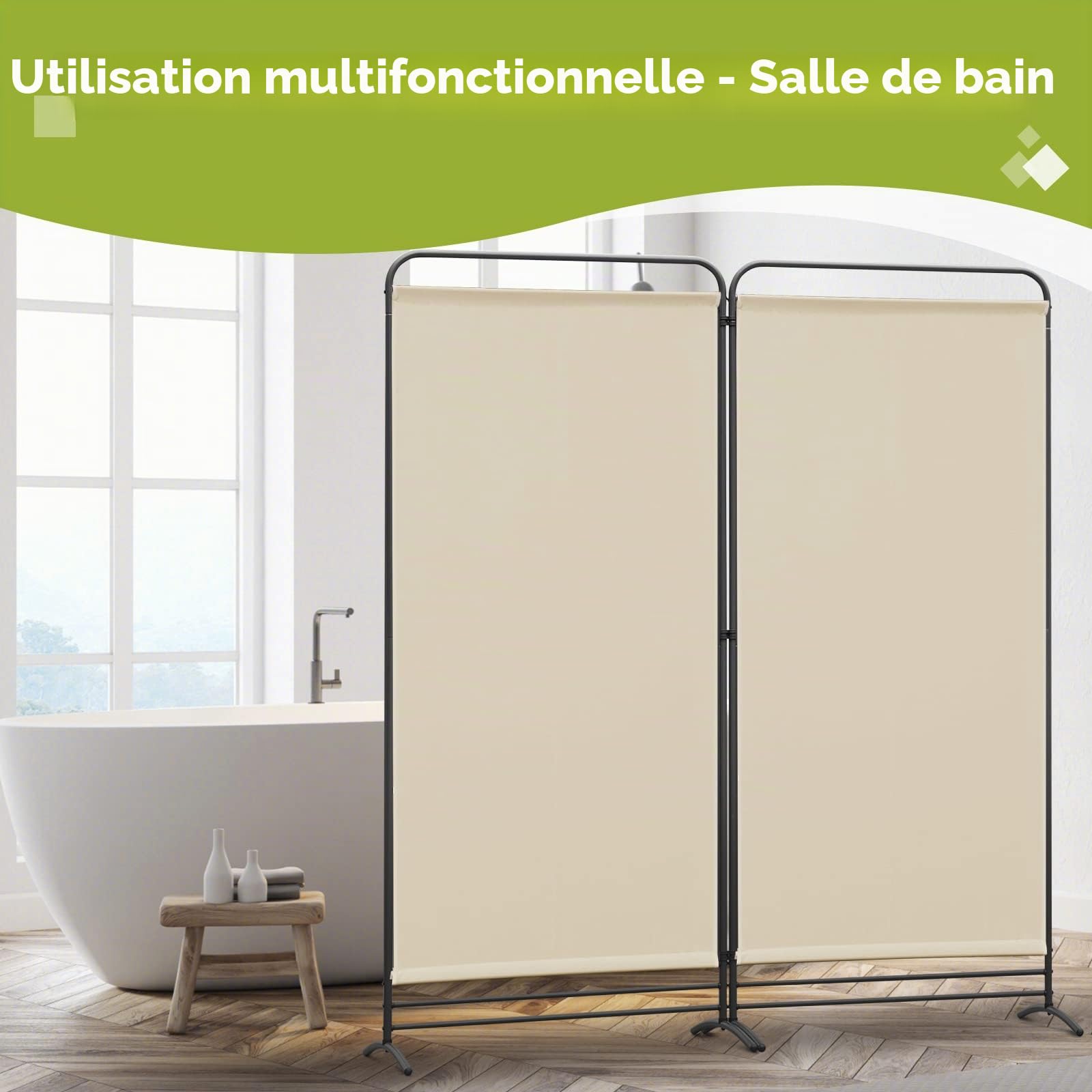 Angel Living Paravent 2 Panneaux Pliable Diviseurs de Chambre Séparateur de Panneaux Indépendant Paroi de Séparation Murale Séparation Visuelle pour Bureaux, Chambre à Coucher, 180 x 162cm (Beige)