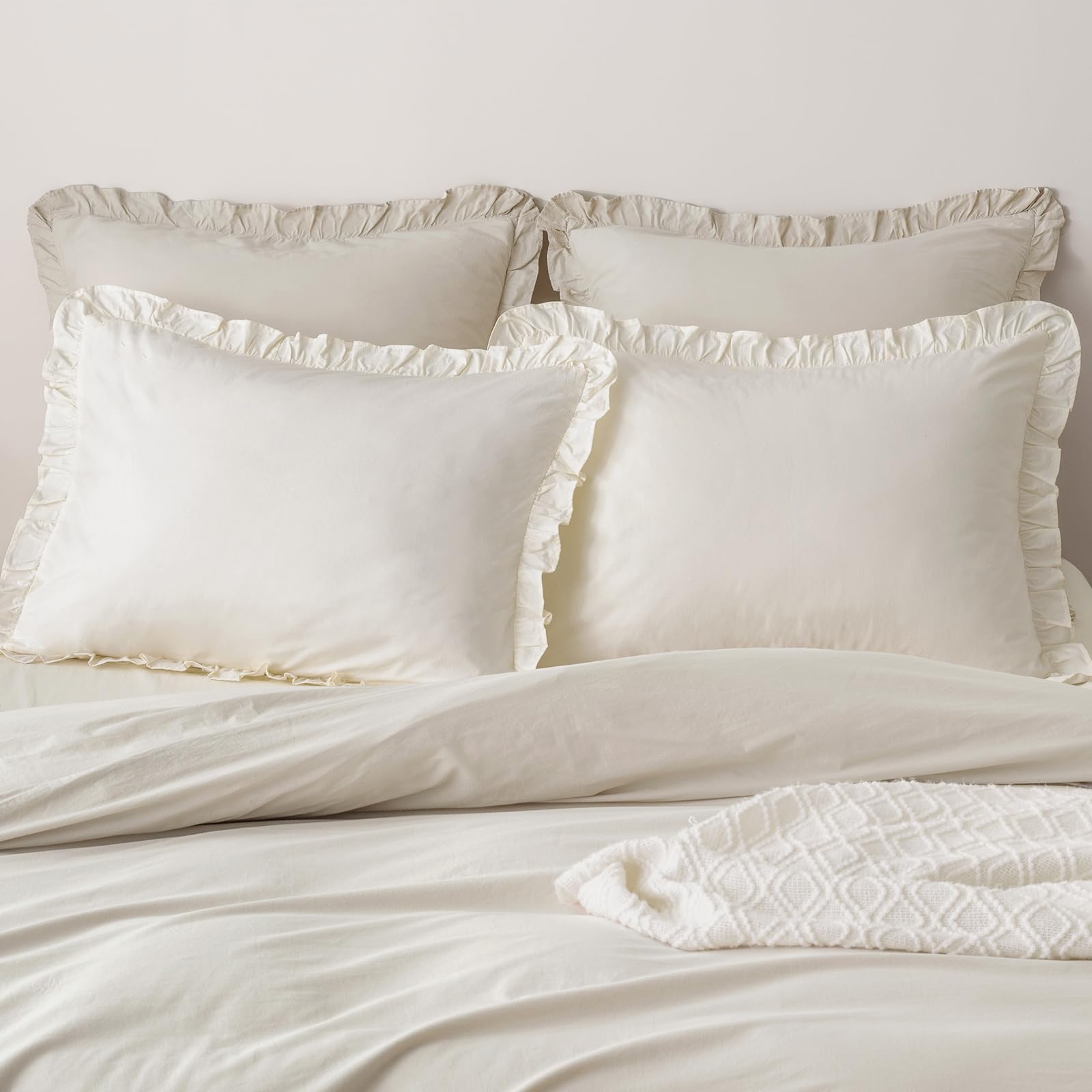 PHF 100% Washed Cotton Ruffle Pillowcases Standard Size, 2 Pack 20" X 26" Pillow Shams, No Insert, Ultra Soft Cotton Pillow Cases,Decorative Farmhouse Bedding, Cannoli Cream