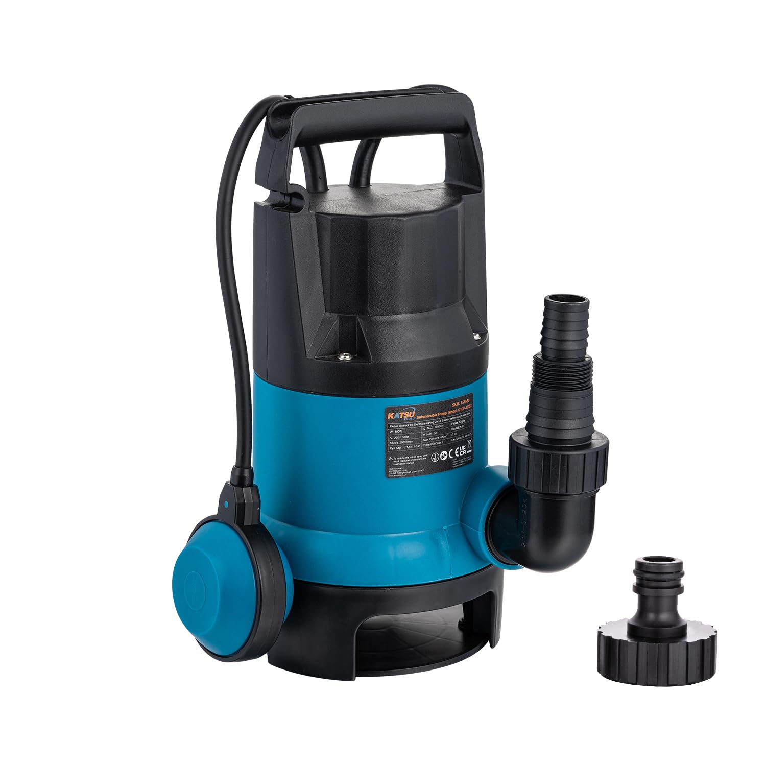 KATSU Tools 400W Portable Submersible Water Pump for Clean and Dirty Water + Float Switch + Quick Connector + 10M Cable, Electric Sump Pump for Garden Pond, Pools, and Ditches