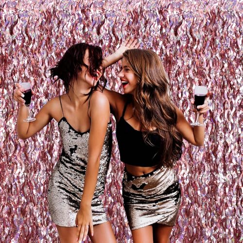 Image of TONIFUL 3Pcs Wavy Metallic Tinsel Foil Fringe Curtains Rose Gold Streamer Backdrop for Photo Booth Props,Party Door Wall Curtain,Bachelorette,Birthday,Anniversary,Bridal Shower Decor (9.9ft x 6.6ft)