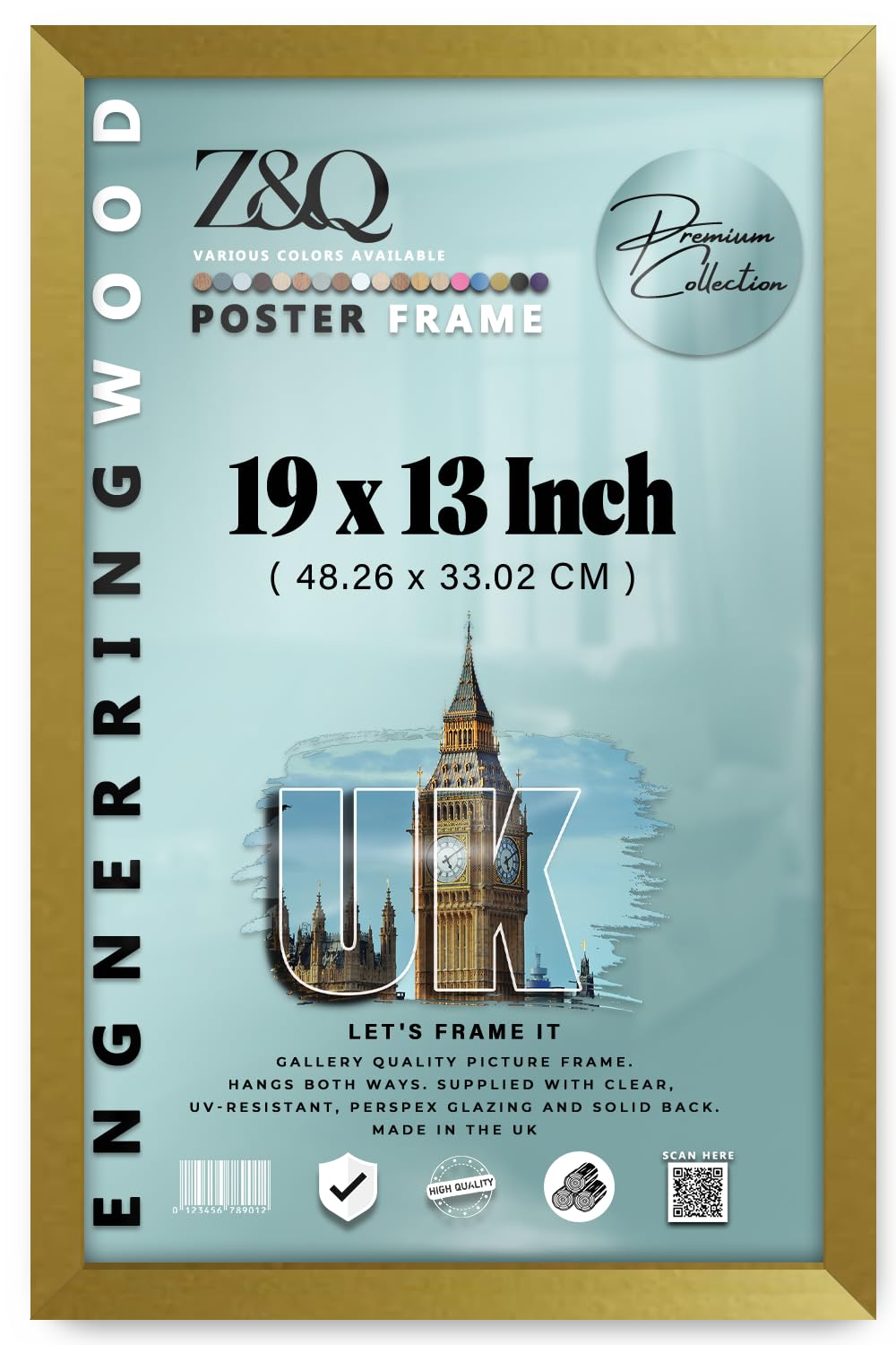 Z&Q - Flat MDF Wood Finish 19 x 13 Inch Picture Frame | Portrait/Landscape Display (48.26 x 33.02 CM) Perfect for Room Interior [ Gold ]