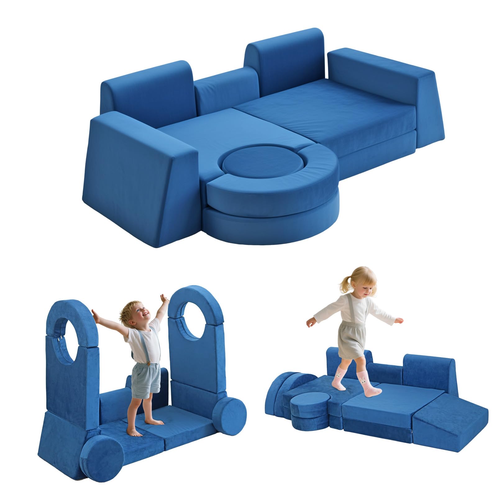 13Pcs Modular Kids Play Couch Toddler Couch Kids Sofa Playroom Furniture Convertible Foam and Floor Cushion Highly Elastic Foam for Boys and Girls (Blue)