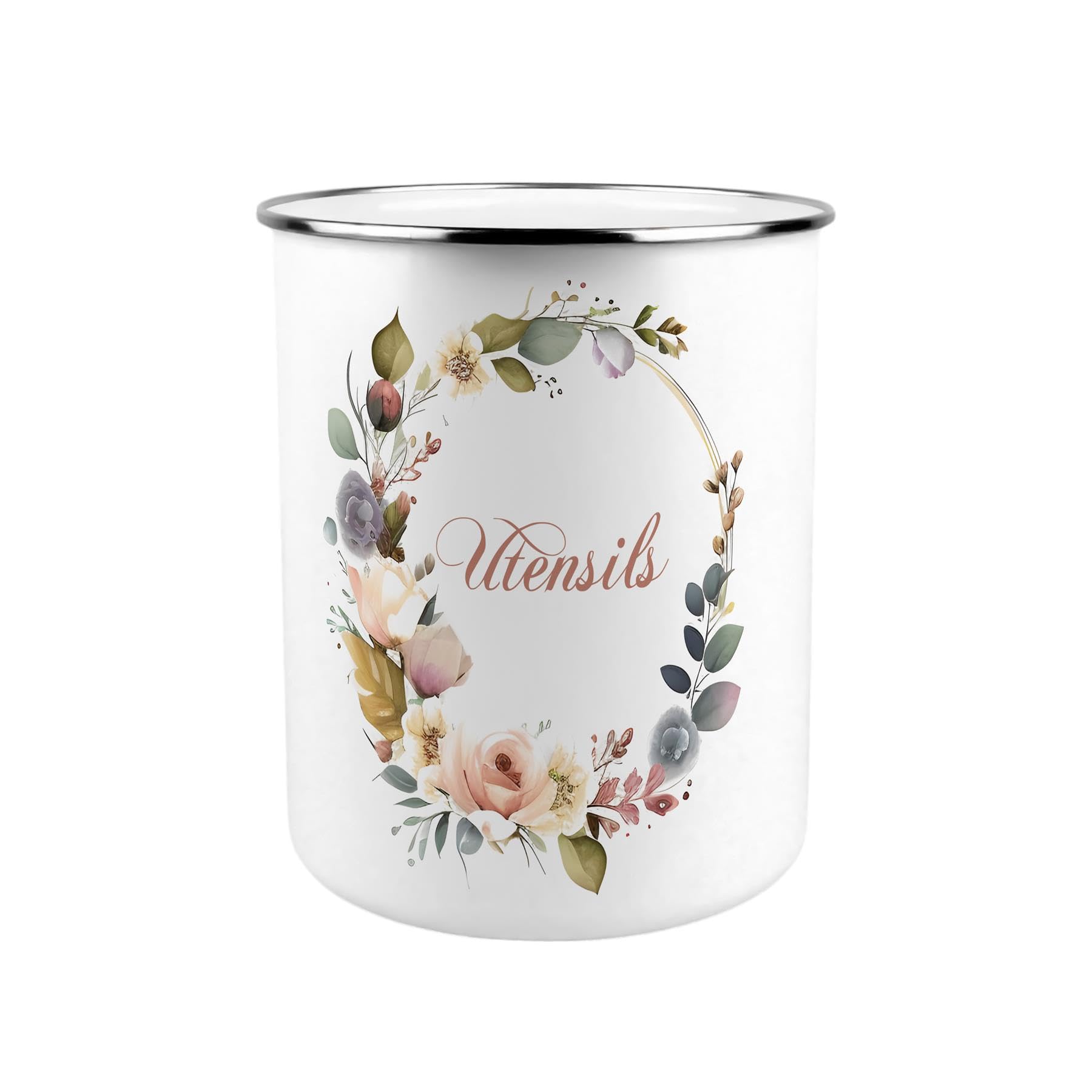 Purely Home Floral Wreath Metal Utensil Holder - XL Kitchen Utensil Pot/Organiser for Countertop Decor Gift 18x16.5cm