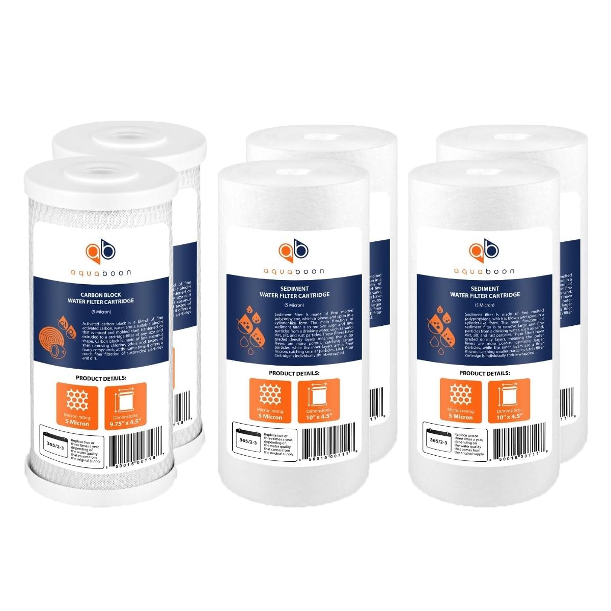 Aquaboon 5 Micron 10 x 4.5 Carbon Block and 2 Sediment Reduction Water Filter