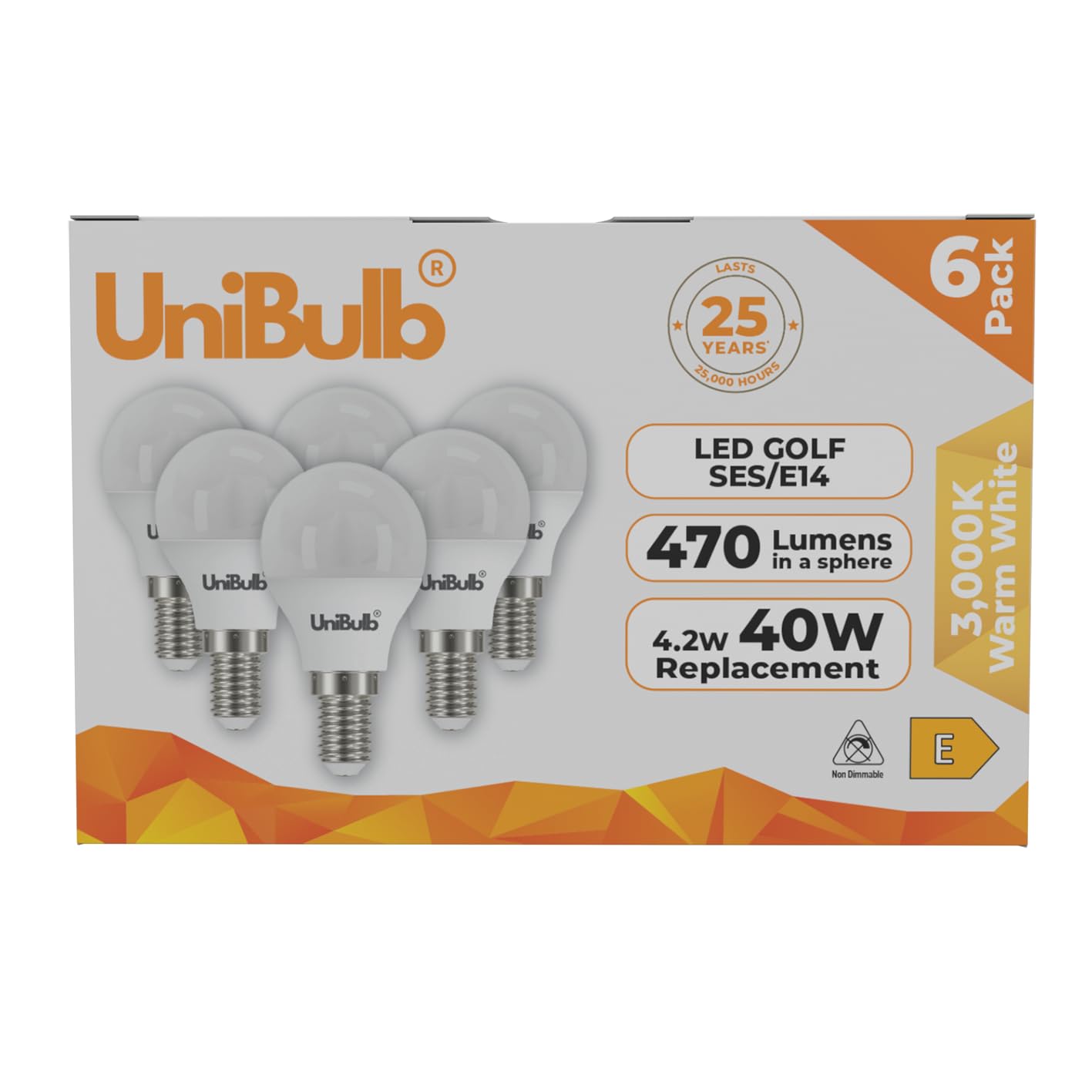 Unibulb E14 LED Light Bulb, Small Edison Screw (SES) 4.2W 470lm, 40W Equivalent, Warm White 3000K, Golf Ball Bulb (P45), Energy Saving LED, 220-240V, Non-Dimmable, 25yr lifespan, Pack of 6 — image 1