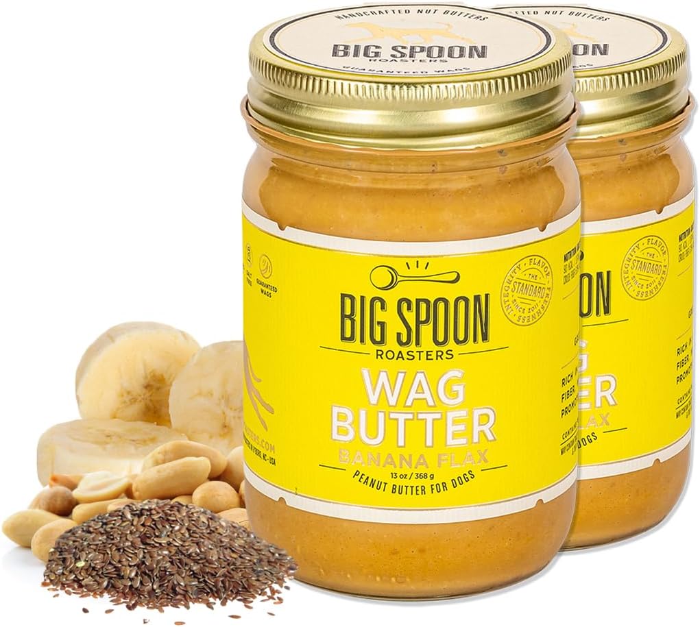 Big Spoon Roasters Wag Butter Banana Flax - Peanut Butter for Dogs - All Natural & Healthy Dog Peanut Butter - Puppy Treats & Snacks – No Gluten, Soy, or Palm – Made in The USA - 2 x 13 Ounce Jars