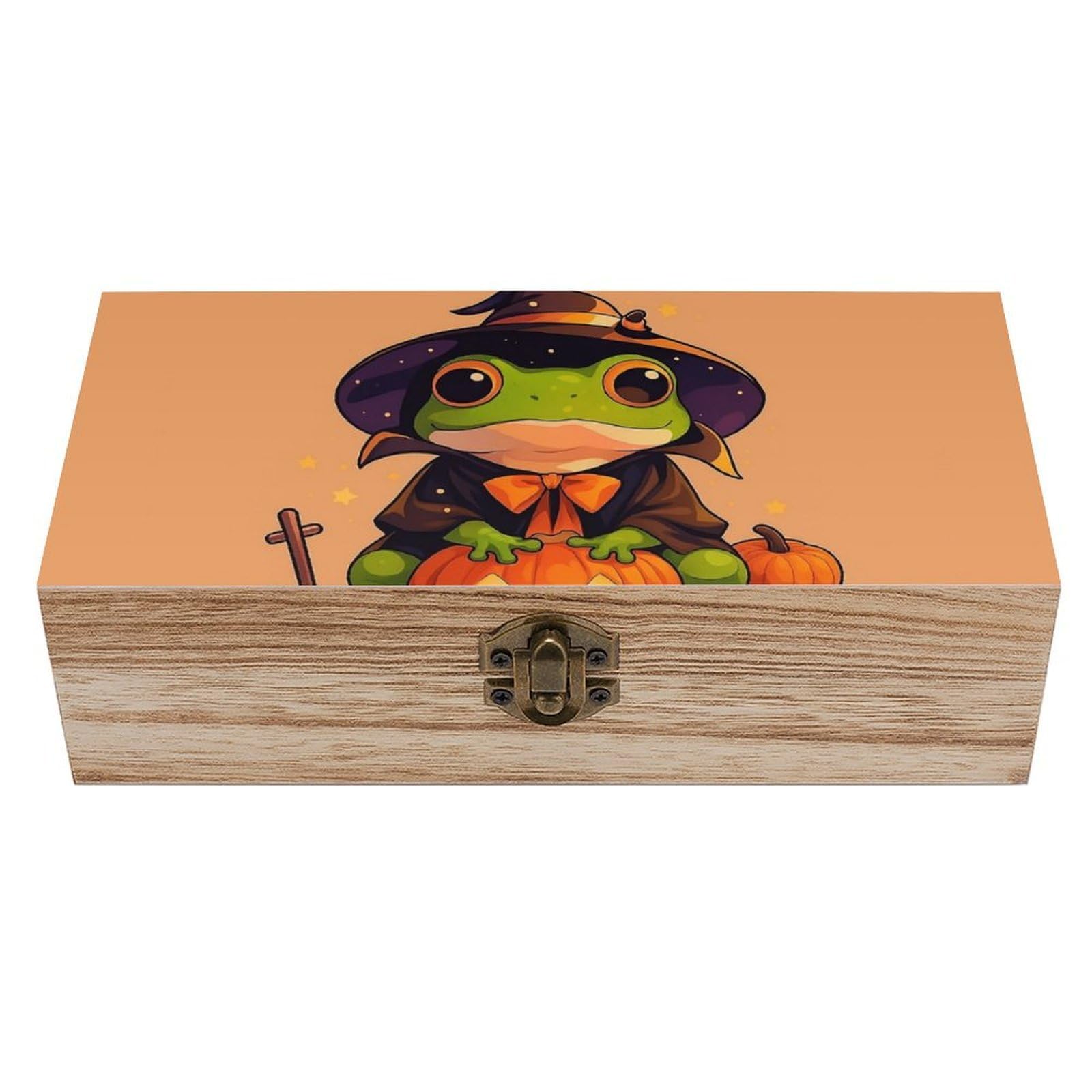 SMAZDFXX Cute Wizard Frog And Pumpkin Wooden Storage Box Multipurpose Decorative Box for Jewelry Photo Home Decor