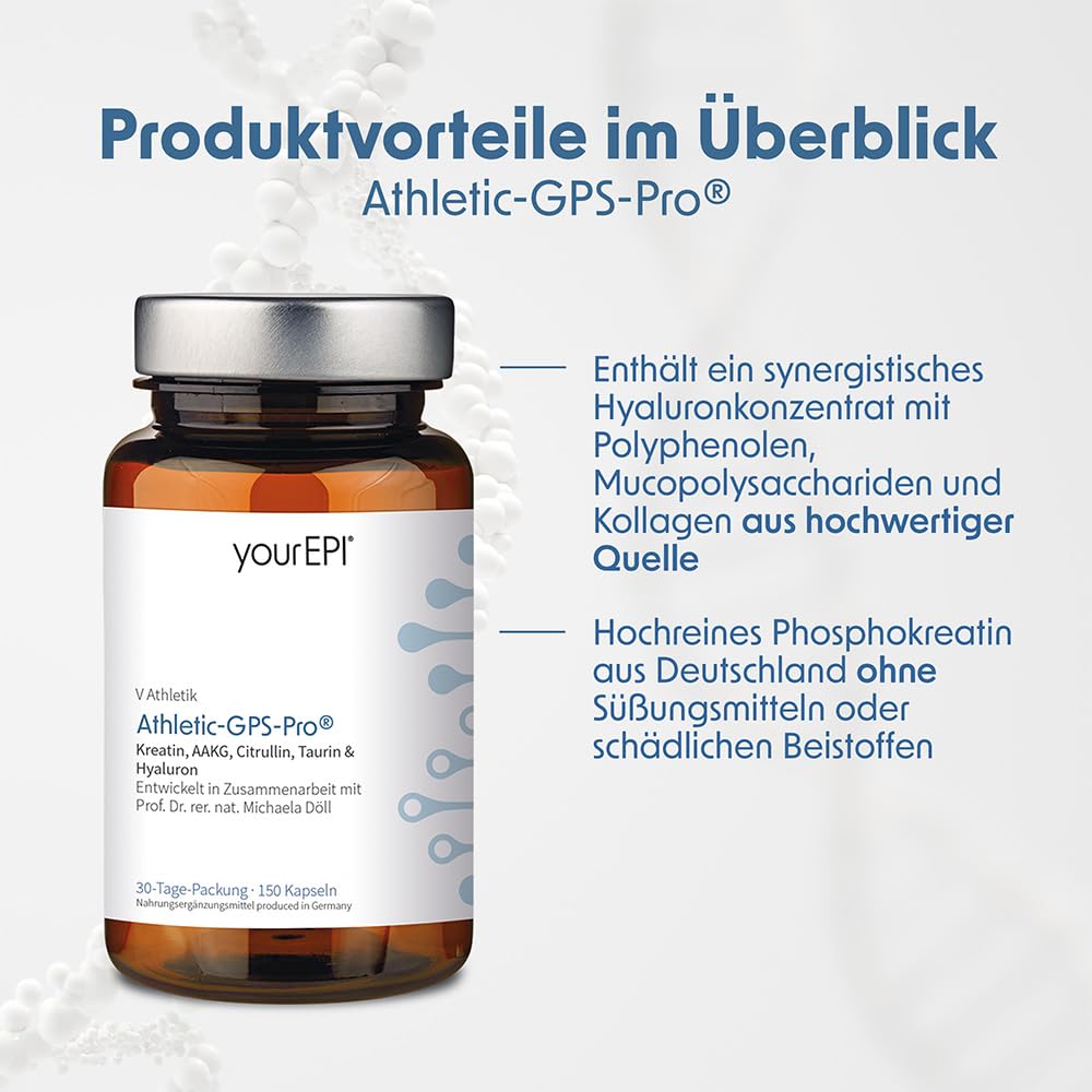 NatuGena Athletic-GPS-Pro Sport, Workout, Kreatin, Citrullin, Taurin, Hyaluron, B-Vitamine (B6, B2, B12), Magnesium, 150 Kapseln (30 Tage Packung)